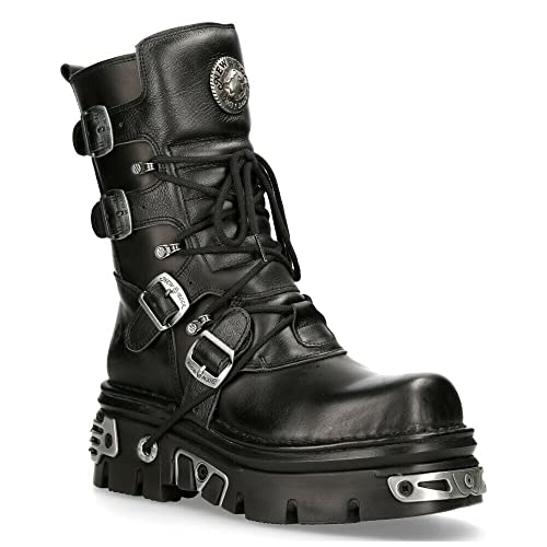 New Rock 373-S4 Metallic Black Leather Men's Gothic Mid Calf Punk Goth Boots with Lace up and Buckle Fastening
