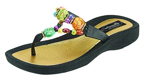 Grandco Women's 24768G Marble Deluxe Beaded Waterproof Molded Sole Beach Thong Sandals Boat Shoe, Black, 11 #TOP5