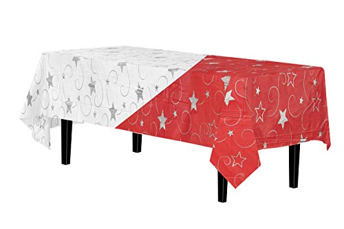 Exquisite 12 Pack Premium Rectangle Holiday Design Plastic Tablecloth - Silver Star On White Disposable Plastic Tablecloth For Christmas - 84 In. #TOP4