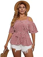 SOLY HUX Women's Plus Size Polka Dots Cold Shoulder Short Sleeve Button Tie Front Top Blouse, Pink, X-Large Plus