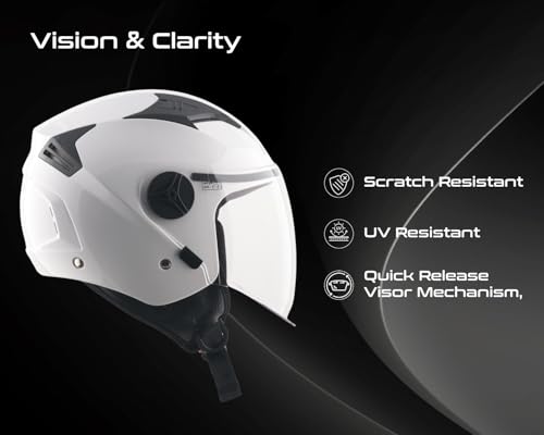 Image of Vega VO-05 Clark ISI Certified Open Face Motorcycle Helmet with High-Impact ABS Shell, Scratch-Resistant Visor, Comfortable Breathable Inner Padding & Secure Strap - White - L