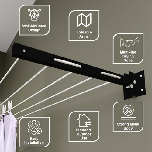 Image of JD FRESH Metal Foldable Wall Mount Cloth Drying Stand with 30 Feet Rope /Wall Hanging Clothes Dryer Rack for Balcony & Indoor Use /Space Saving Wall Mounted Laundry Hanger(Black)