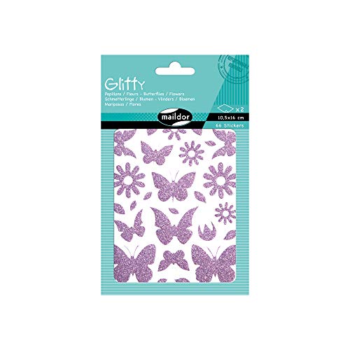 Maildor AE101O - Un sachet de gommettes Glitty 2 planches 10,5x16 cm, Papillons et fleurs en violet (66 stickers)