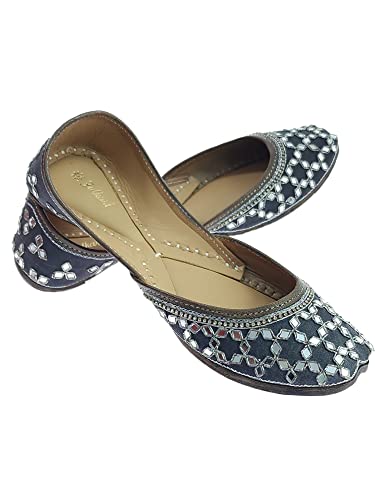 Image of Fulkari Women's Mirror Genuine Soft Leather Juttis | Bite and Pinch Free Jutis | Ladies Punjabi Jutti | Wedding Flat Stylish Mojari | Phulkari Ethnic Flats For Girls |