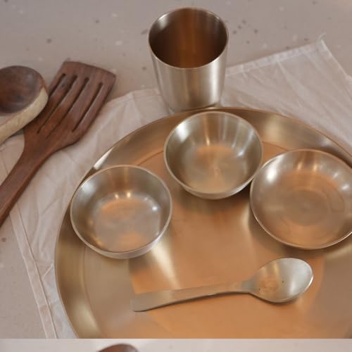 Image of Premium 6-Piece Pure Kansa Solid Dinner Set | Matte Finish | 1 Plate, 1 Spoon,2 Bowls, 1 Glass | Authentic Bronze Thali Set (कांसे का थाली सेट) (12 inch Plate(6 piece Set))