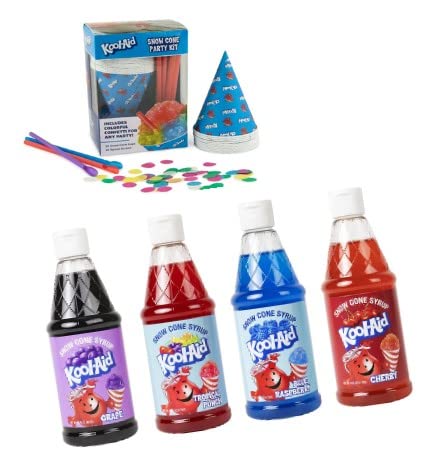 Kool-Aid Premium Snow Cone Syrup Kit With 20 Cups & Straws And 16-Ounce Syrups ~ (Cherry~Blue Raspberry~Grape~Tropical Punch), 41 Piece Set #TOP4