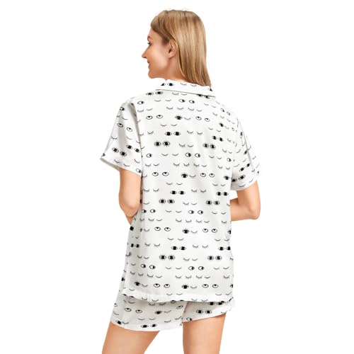 Image of Funny Pajamas for Women Set Print Satin Loungewear Pjs Short Sleeve Button Down Top and Shorts Sets Sleepwear XS-3XL