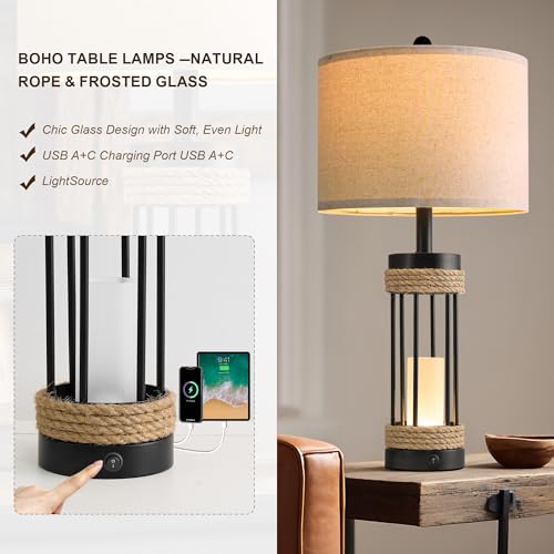 Image of OYEARS 25 inch Table Lamps Set of 2 with Night Light, Rustic Bedside Lamps with USB C+A Charging Ports, Black Metal Lamp with Rope Accent and Frosted Glass, Farmhouse Lamps for Living Room Bedroom