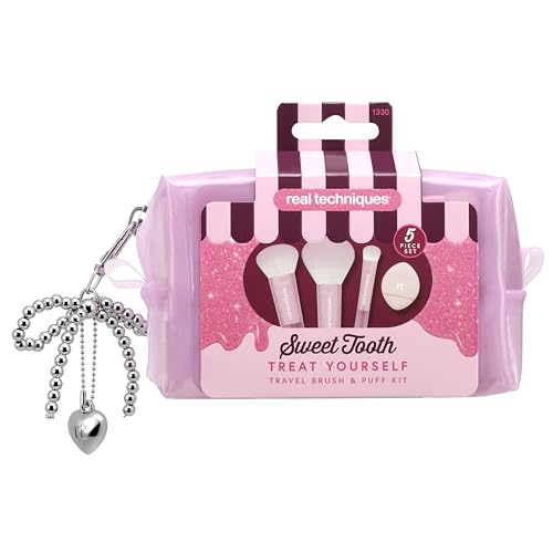 Real Techniques Sweet Tooth Treat Yourself Travel Brush & Puff 5 Piece Set, Mini Makeup Brush Set with Powder Puff, Travel Makeup Brushes for Foundation,...