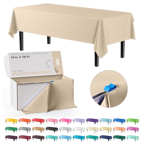 Image of Party Solids 54 Inch X 100 Feet Ivory Plastic Table Cover Roll in A Cut - to - Size Box with Convenient Slide Cutter. Cuts Up to 12 Rectangle 8 Feet Plastic Disposable Tablecloths