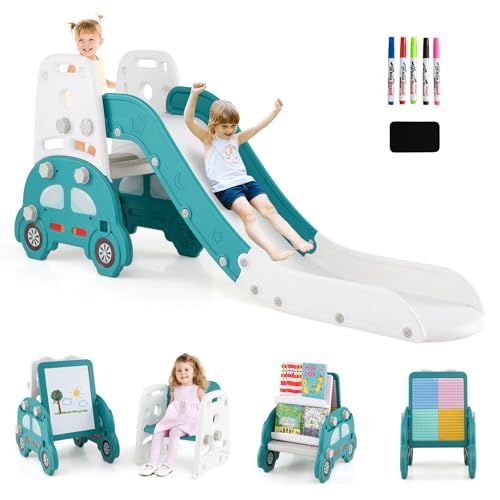 COSTWAY 5 en 1 Toboggan Enfant Convertible avec Tableau Magnétique Double Face, Tabouret, Bibliothèque, Support Blocs de Construction, Aire de Jeux Enfant...