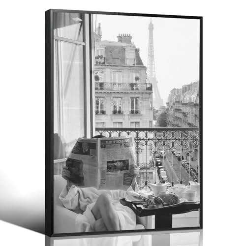 Black and White Photography Canvas Wall Art, Woman Reading Newspaper In Paris Hotel Aesthetic Poster, Retro Paris Tower Museum Photo Print, Luxury Fashion Breakfast Wall Decor 12x16in Framed