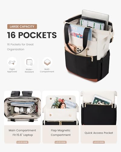 Image of LOVEVOOK Laptop Backpack for Women, 15.6 Inch Work Laptop Bag with USB Port, Fashion Teacher Nurse Backpack Purse, Waterproof Travel Computer Backpack with Organizer Bag, 2PCS, Beige-Black