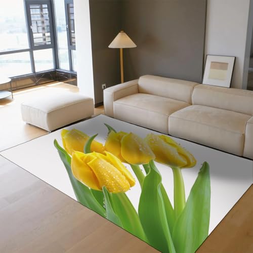 Tapis tulipe jaune lavable en machine résistant pour salon blanc