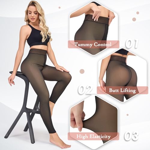 Fleece Lined Tights Women Sheer Fake Translucent Winter Thermal Pantyhose Opaque Warm Thick High Waist Leggings(XS-2XL)4