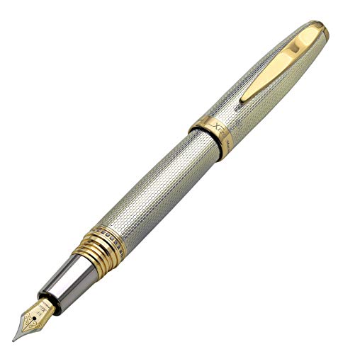 Xezo Solid 925 Sterling Silver Serialized Extra Fine Fountain Pen, 18K Gold Plated With Screw-On Cap. Swarovski Crystals Band (Maestro 925 Sterling Silver Ef), Silver And Gold #TOP1