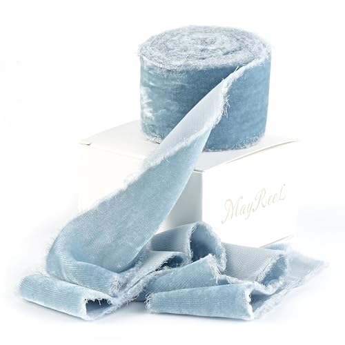 MAYREEL 2 Inch Dusty Blue Velvet Ribbon Hand Torn Slate Blue Silk Frayed Edge for Bridal Bouquets Invitations Wedding Vow Books Gift Baskets Hair Bows 3 Yards