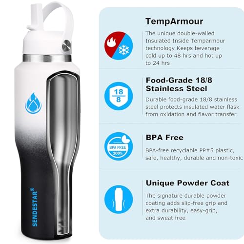 Image of SENDESTAR SENDESTAR 40oz Stainless Steel Water Bottle(Cold for 48 Hrs, Hot for 24 Hrs),Double Wall Vacuum Insulated Bottle with Straw Lid, Spout Lid and Flex Cap, Fit in Any Car Cup Holder