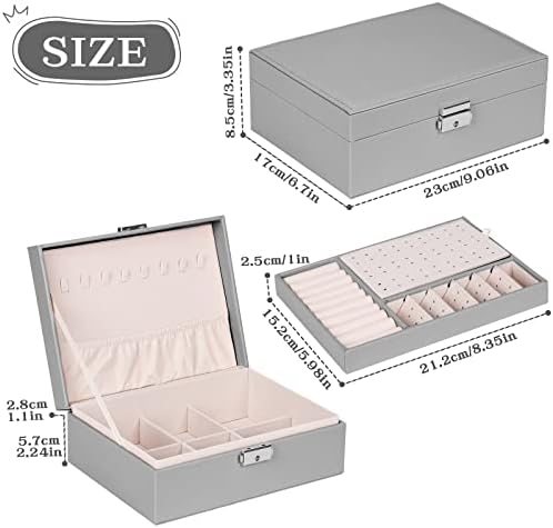 Jewellery Box Organiser for Girls Women, Mardiko 2-Layer Lockable Large PU Leather Jewelry Storage Case for Necklaces Rings Earrings Bracelets (Grey)