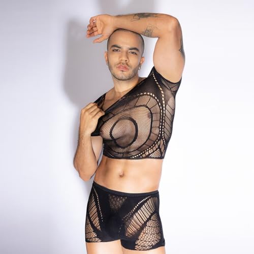 Men's Sheer Lace Mesh Bodysuit Lingerie Thong See Through Underwear Short Sleeve Undershirt Jumpsuit Transparent Briefs Nightwear Garment2