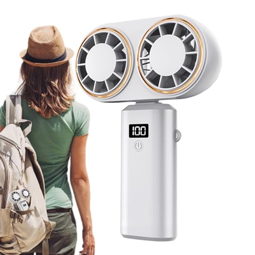 Yugugomo Ventilador Portátil de Mano,Ventilador Portátil para Viajes - Dos Cabezales Ligero con Pantalla Digital 5 Velocidades para Playa Senderismo Gimnasio Escuela Camping Festival Deportes