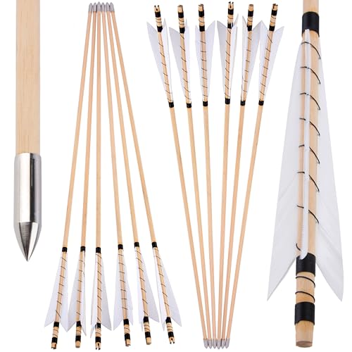 limaity Flechas de Madera para Tiro con Arco de 32 Pulgadas. Flechas Tradicionales de Caza con Plumas Naturales de 5 Pulgadas. para Arcos recurvos y Largos (12 Unidades,3 Blancos