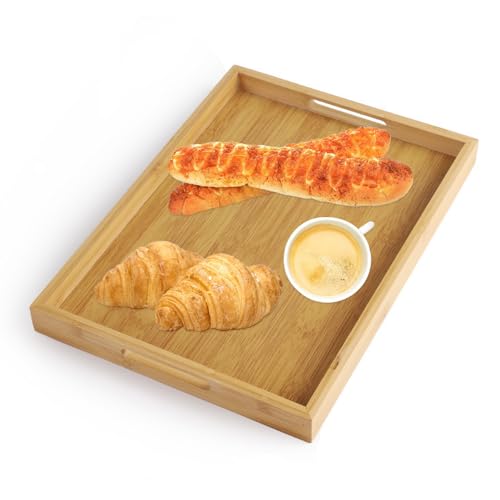 Wooden Tray, Bamboo Serving Tray with Handles, Wooden Serving Tray Rectangular Trays for Food Serving Rustic Wooden Serving Tray for Coffee Tea Snack(38x25x4cm)