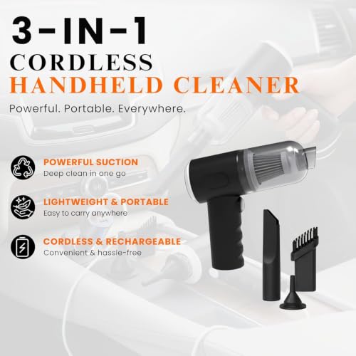 Image of 3-in-1 Car Vacuum Cleaner Cordless Handheld Vacuum with Blower, USB Rechargeable Portable Mini Vacuum Cleaner, Washable HEPA Filter, Wet & Dry for Car, Home, Office, Sofa