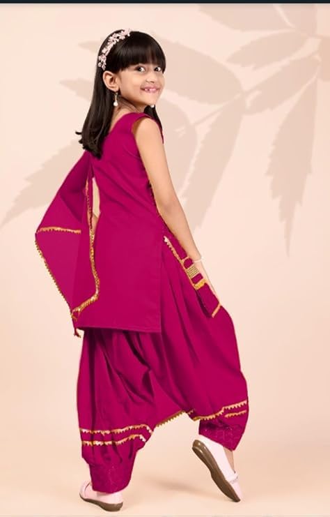 Image of Girls Ethnic Wear Embroidery Cotton Blend Kurti Patiala Set with Dupatta - Traditional Indian Outfit for Birthday Anniversary Festive Gift Occasion Gift Rakshabandhan Rakhi Diwali Wear