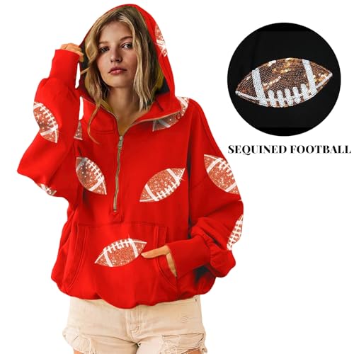 Smoneyful Womens Game Day Sweatshirts Football Graphic Sequin Hoodies Oversized Sweatshirts Zipper Sweaters with Pocket2