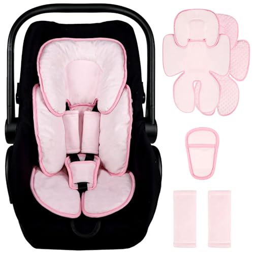 Image of 2 in 1 Infant Car Seat Insert Head and Body Support Set, Reversible Newborn Insert for Carseat with 3 Extra Strap Paddings, Soft Stroller Cushion Pillow Insert Girls, Fits for Stroller, Swing, Pink