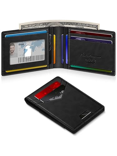 Image of Contacts Slim Leather Bifold for Men | RFID Blocking Card Holder with ID Window | Holds 13-17 Cards, Large Cash Slot | Thin Minimalist Front Pocket Design | Gift for Men (Black)