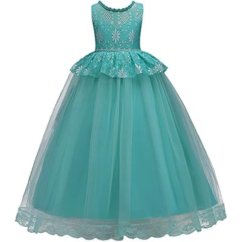 HUANQIUE Elegant Lace Dress Princess Bridesmaid Girl Wedding Dress Party Children Embroidery Flower 3-14Y Green Cover