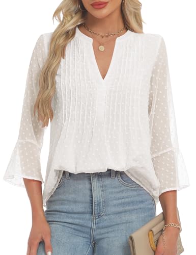 AIMCOO Blouses for Women Dressy Casual 3/4 Sleeve Tops for Women Swiss Dot Double Layered Chiffon Work Tunic Shirts