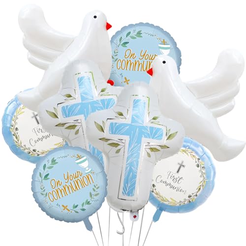 8Pcs First Communion Decorations Balloons Baptism Party Foil Balloons for Boy Toddler First Communion God Bless Christening Memorial Theme Birthday Baptism Party Decorations Supplies (Blue)