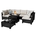 Ophelian 8 Pieces Outdoor Sectional Furniture, Rattan Wicker Patio Sofa Couch with 28in Gas Fire Pit Table,Conversation Sets for Backyard,Garden, Deck, (Coffee/Beige)
