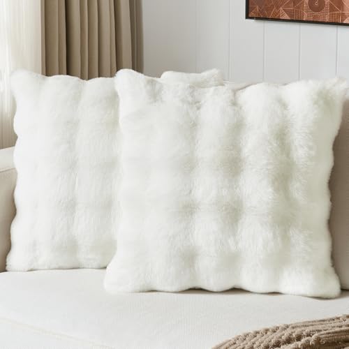 NOVILYS Faux Fur Throw Pillow Covers 18x18 Inch Set of 2 Fuzzy Ultra Soft Cream White Bubble Furry Cushion Covers Double-Sided Fluffy Decorative Pillowcases for Couch Sofa Bed Spring Home Decor