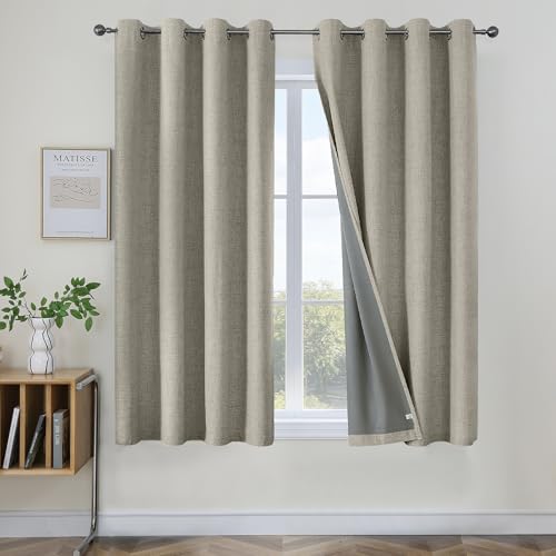 Image of Joydeco Curtains 63 Inch Length Blackout Curtains for Bedroom, Black Out Curtains 63 Inch Long 2 Panels Burg for Living Room, Faux Textured Linen Look Window Curtains(42x63 inch, Linen)