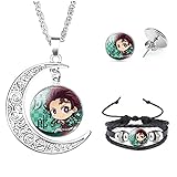 Aquasuki Nezuko Kamado Anime Jewelry Set Glass Dome Crescent Moon Pendant Charm Necklace, Earrings, Bracelet Jewelry Set Gifts for Women Girls (Kamado Tanjirou)