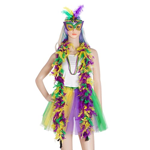 Mardi Gras Costume Accessory Set Tutu Skirt, Faux Feather Headband, Mask,Mardi Gras Beads,Feather Boa for Women and Girls (Style 1)