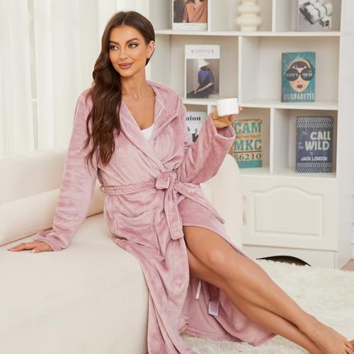 Image of Womens Long Hooded Fleece Robe, Soft Warm Spa Bathrobe for Cozy Lightweight Loungewear