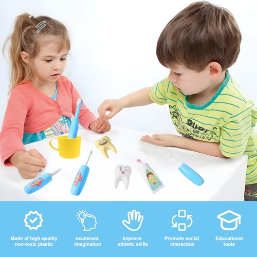 8 Pieces Cartoon Dental Pretend Dentist Play Set - Cute Teeth Models with Toothbrushes, Dental Tools Kit, Toothpaste, and Cup for Toothbrushing Trainer, Teeth Development Tool for Toddler Kids (Blue) - Thumbnail 4