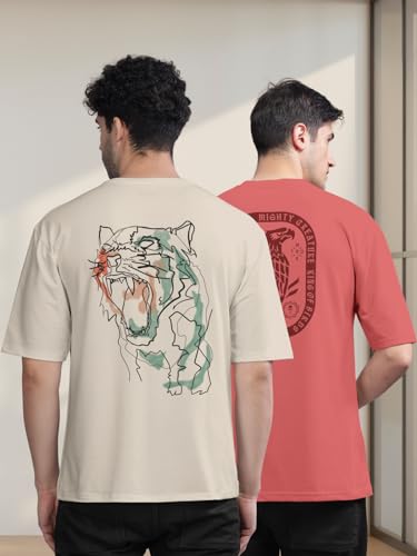 Image of BULLMER Trendy Front and Back Printed Oversized Round Neck T-Shirt for Men - Pack of 2