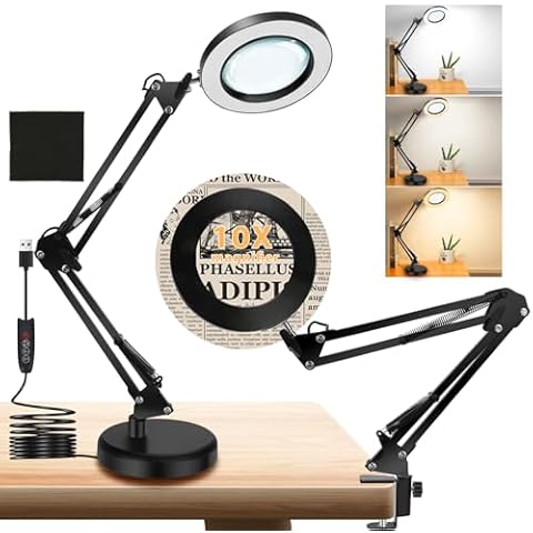 10X Magnifying Glass with Light and Stand, 2 in 1 Magnifying Desk Lamp with Heavy Duty Base & Clamp, 3 Color Mode 10 Level Dimmable Magnifier with LED Light for Hobby Soldering Reading Detail Works Cover