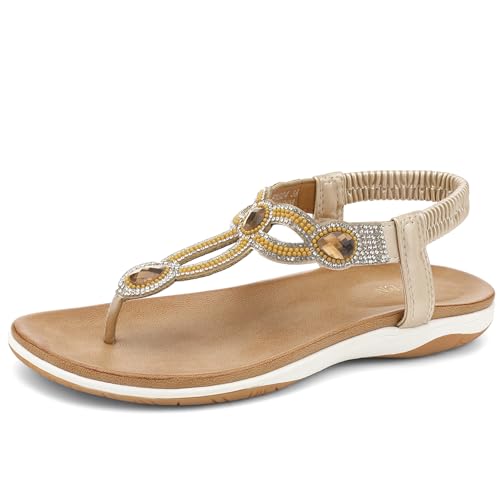 Image of UBFEN Womens Flat Sandals with Arch Support - T-Strap Thong Sandals with Elastic Back Strap, Comfortable for Walking, Bling, Rhinestone, Dressy