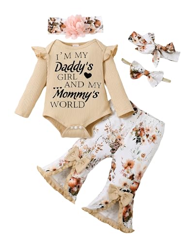 Image of SUNNY PIGGY Newborn Baby Girl Clothes Infant Outfits Romper Floral Fall Outfit Bell Bottoms Pant Sets Hat Headband Flowerpant