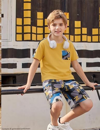 Image of mksodopy Boys Summer Outfit Set 2 Piece T Shirt and Camo Shorts Casual Clothes for Little Big Boys 5-16