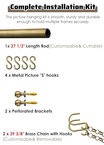 Sistema de riel para colgar fotos, galería de arte, kit para colgar fotos con cadenas, ganchos de metal para decoración de pared, barra de exhibición de fotos para interiores (130 cm)