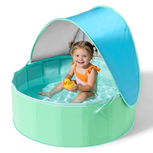 Hikiddy Foldable Kiddie Pool with Canopy: 31.5in/ 47in /63in for Baby Toddler Kids Family - Summer Water Play Pool with Shade - Portable for Outdoor Backyard Beach (Blue & Mint, 31.5in)