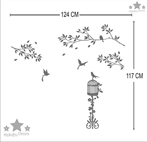 Heaven Decors Tree with Birds Cage Wall Sticker (PVC Vinyl, Ideal Size on Wall 124 cm x 117 cm) White 1
